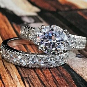 NEW 925 Sterling Silver Engagement 2/pcs Rings Set